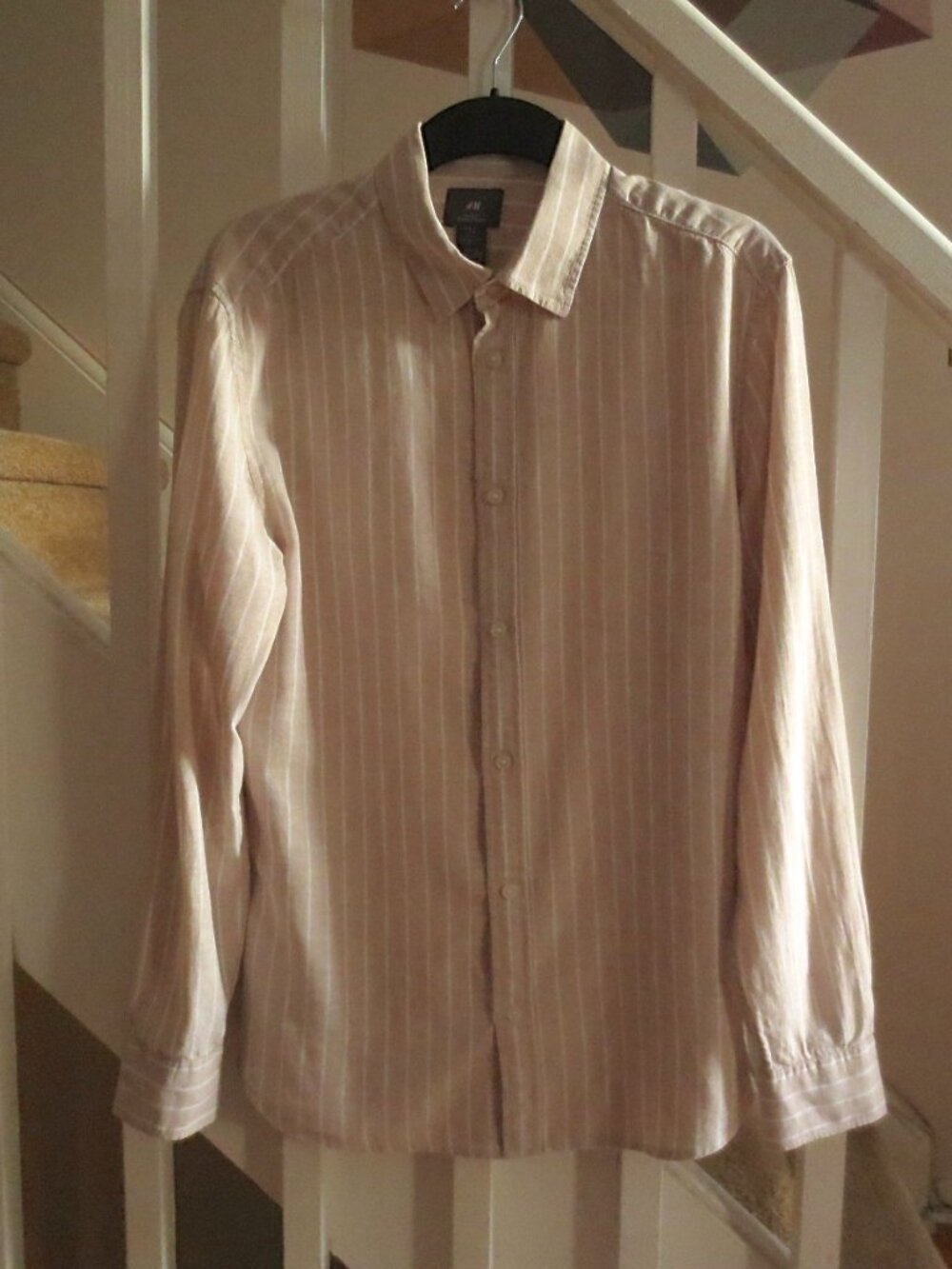 H&M Tan Beige White Stripe Linen Cotton Blend Lightweight Summer Layering Shirt